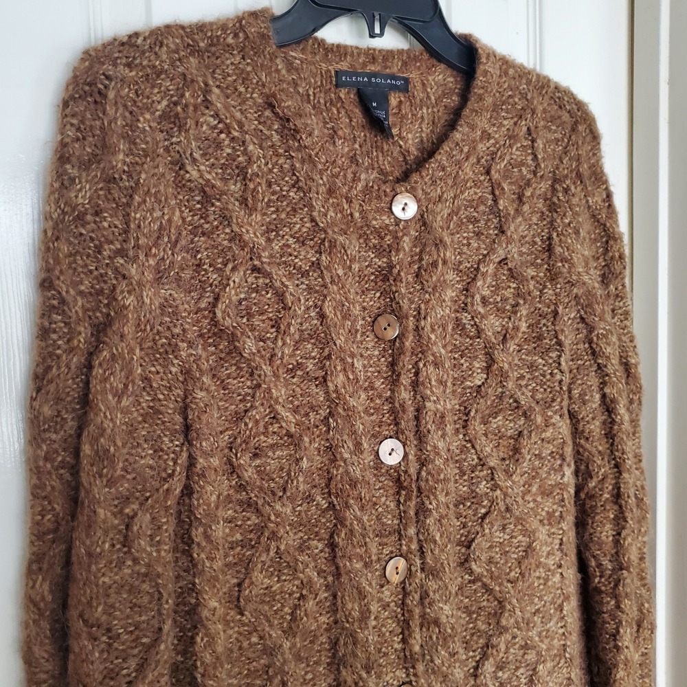 Elena Solano Brown Alpaca Wool Blend Cable Knit‎ Button Front Cardigan Sweater M